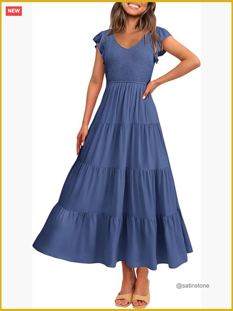 Flowy Maxi Dress With Smocked Top And Cap Sleeves